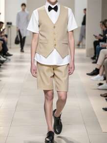 SHEIN Tween Boy 3-Piece Formal Suit: Vest + Short Sleeve Shirt + Shorts/Trousers With Bow Tie, For Birthday Party, Wedding, Anniversary, Valentine's Day - Multicolor - View 3