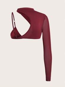 SHEIN ICON 1 件 2 合 1 女士短款上衣，带金属环和网眼拼接三角杯饰边 - 酒紅色 - 查看 2