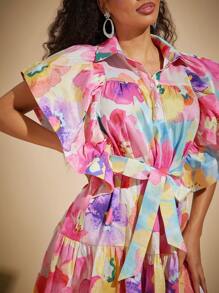 Vixey Floral Print Ruffle Sleeve Dress, Boho, Brunch Outfits For Women, Vacation Outfit, Spring Outfit, Summer Outfit, Summer Dresses - Multicolor - View 4