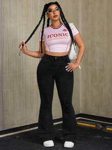 SHEIN ICON 大码女式口袋休闲洗水牛仔喇叭裤 - 黑色 - 查看 5