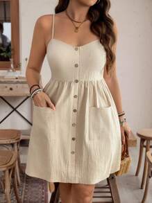 SHEIN LUNE Vestido midi con tirantes y bolsillos, de algodón puro y de uso diario casual para tallas grandes en verano