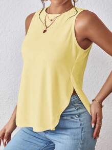 Chiquease 女士纯色圆领侧开衩下摆休闲背心 - 黃色 - 查看 3