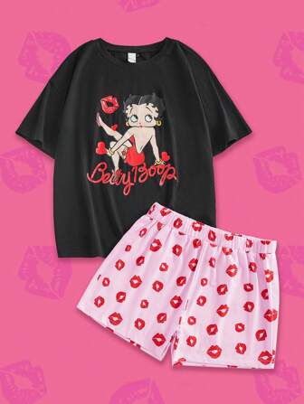 Betty Boop x SHEIN 女士夏季卡通肖像图案短袖上衣和唇印短裤睡衣套装