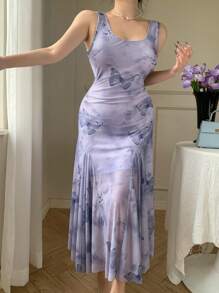 DAZY Mid-Calf Floral Print Sleeveless Dress For Women,Ruffle,Casual Women Dresses - Purple - View 4