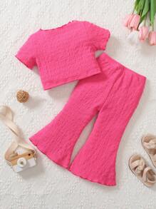 SHEIN 2pcs Baby Girls Casual Jacquard Solid Color Crew Neck Cross Drawstring Cropped Short Sleeve Top And Wide Leg Pants Set, Summer - Hot Pink - View 2