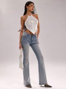 SHEIN BAE Canottiera estiva da donna dal collo a balza, con decorazione a fiori 3D e schiena scoperta, in maglia