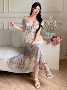 DAZY Abito estivo in chiffon da donna con scollo quadrato, vita, stampa retrò e maniche corte, con volant e decorazione floreale