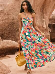Poéselle Robe longue d'été pour femmes avec imprimé tropical, col montant, décoration à franges et dos nu. Robe d'été, robe dos nu, robe de vacances, tenues de vacances pour femmes, tenues d'été pour femmes - Multicolore - Voir 1