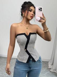 Elenzga Women Elegant Contrast Color Backless Strapless Bustier Crop Top - Black and White - View 3