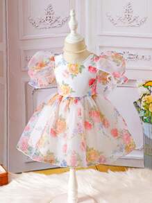 Baby Girl 0-3 Years Elegant Palace Style Floral Print Ruffle Sleeve Organza Dress, Suitable For Outings, Birthday, Wedding Flower Girl - Pink - View 2