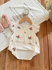 SHEIN LMoss Kids 年轻女孩碎花圆领荷叶边下摆修身休闲背心