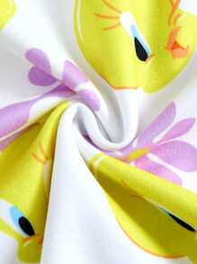 LOONEY TUNES X SHEIN 女婴崔弟鸟 & 花卉印花盖袖可爱休闲黄色 & 白色连衣裙