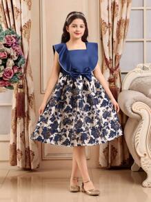Vestido de niña preadolescente con detalles de lazo, diseño de jacquard floral y patchwork de satén