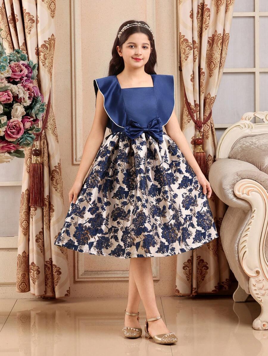 Vestido de niña preadolescente con detalles de lazo, diseño de jacquard floral y patchwork de satén