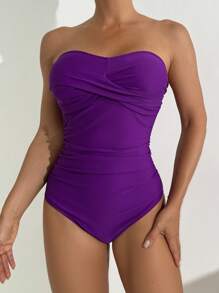 SHEIN Swim Chicsea 1pc Solid Color Ruched Bandeau One-Piece Swimsuit, For Beach Holiday - Purple - View 4
