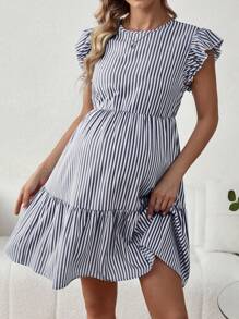 SHEIN Maternity Striped Round Neck Ruffle Trim Casual Dress - Navy Blue - View 5