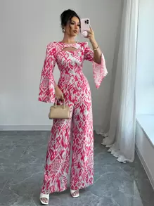 Elenzga Mono recto de pierna ancha con abertura lateral, estilo occidental, talla estándar para mujer