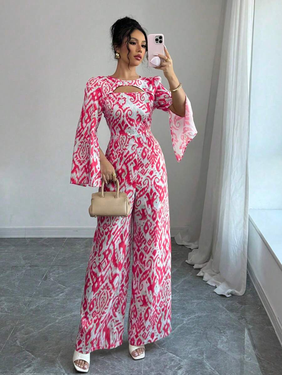 Elenzga Standard Size Women's Western Style Pattern Slit Side Wide Leg Straight Jumpsuit - Hot Pink - View 1