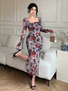 DAZY Vestido de manga larga con estampado floral elegante de tela batik ajustada de cuello cuadrado y longitud media para mujer, vestido de otoño y Pascua - Rojo - Ver 10