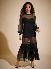 Vixey Tulle Ruffle Hem Sheer Mesh Balloon Sleeve Tunic Top, Boho, Brunch Outfits For Women, Vacation Outfit, Spring Outfit, Summer Outfit, Summer Dresses - Black - View 4