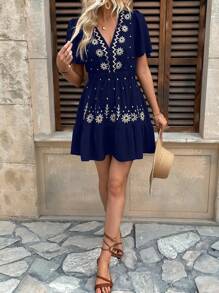 Breezaya V-Neck Embroidered Waist-Cinched A-Line Short Dress - Navy Blue - View 4
