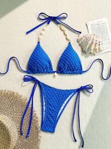 SHEIN Swim Women Shell Beaded Halter Bikini Top And Low Waist Knotted Bikini Bottom For Summer Beach Vacation - Royal Blue - View 6