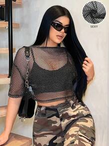 SHEIN SXY 时尚性感透明网眼短款上衣 - 黑色 - 查看 6