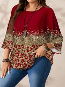 EMERY ROSE Blusa holgada de cuello redondo con estampado completo, manga 3/4, para mujer talla grande, primavera y otoño - Rojo - Ver 7