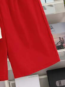 SHEIN Leap Crew 2pcs Tween Boys' Casual Street Graphic Print Round Neck Loose Knit T-Shirt And Solid Color Relaxed Shorts Set, Suitable For Commute, School, Daily Casual, Travel, Sports All Year Round - Red - View 7