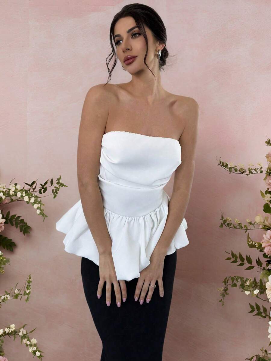 SHEIN Privé Women's Elegant & Romantic Cropped Camisole Top With Ruffle Hem And High Waist Slit Pencil Skirt 2 Pieces Set, Suitable For Dates, Parties, Vacation