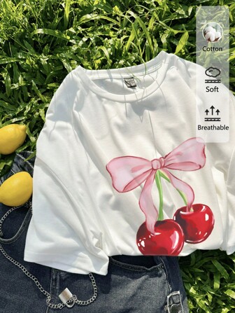 SHEIN EZwear T-shirt à manches courtes à col rond avec graphique oversized de cerise, coton à coupe ample et décontractée pour femme, pour l'été