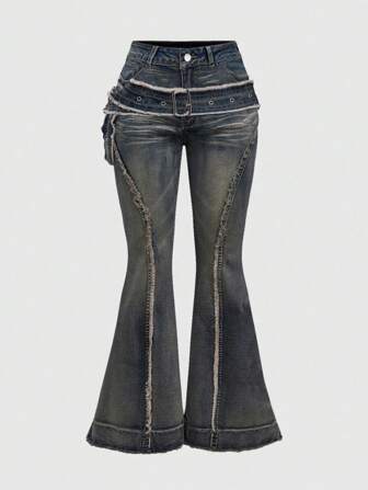 Grunge Punk Plus Size Women Y2K Vintage Style Distressed Wash Color Belt Decor Frayed Hem Flare Leg Jeans