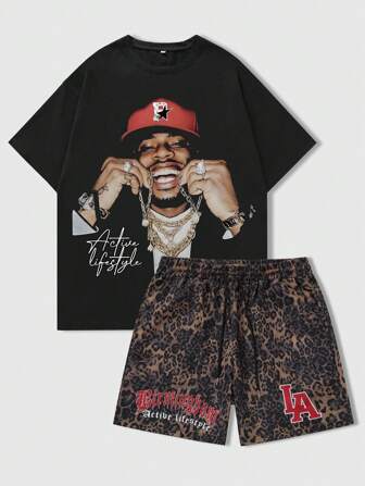 Street Life 2 piezas Pantalones cortos casuales con estampado de eslogan para hombres, adecuados para primavera y verano