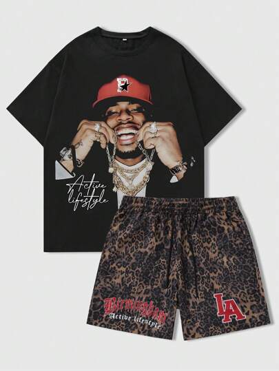 Street Life 2 piezas Pantalones cortos casuales con estampado de eslogan para hombres, adecuados para primavera y verano