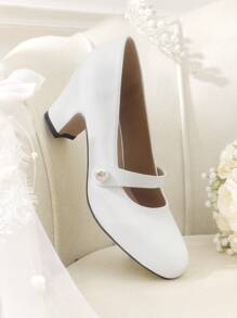 CUCCOO HITCHD Round Toe Pearl Embellished Chunky High Heel Women's Pumps