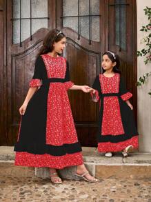Young Girl Colorblock Patchwork Ditsy Floral Dress - Red - View 6