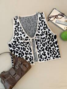 Comfortcana Women's Casual Leopard Print Tie-Up Sleeveless Cardigan