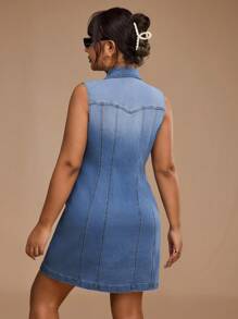 Forever 21 Plus Size Women Collared Single-Breasted Sleeveless Casual Denim Dress - Blue - View 2