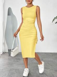 SHEIN EZwear Women's Yellow Knitted Sleeveless Side Drawstring Slit Bodycon Dress - Yellow - View 4