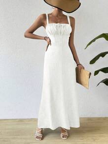 Breezaya Váy midi không tay màu trơn có dây rút ở eo cho trang phục đi biển mùa hè dành cho nữ - trắng - Xem 5