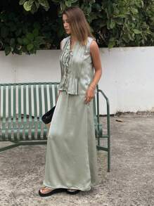 DAZY 2pcs Set Women Wrap Style Open Front Tie Waist Satin Plain Color Vacation Beach Vest & Top - Green - View 6