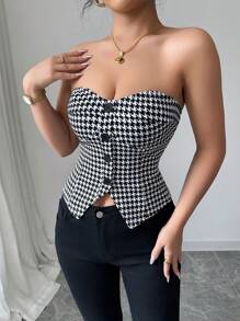 Elenzga 夏季时尚办公室/通勤千鸟格印花无袖纽扣前短款上衣 - 彩色 - 查看 3