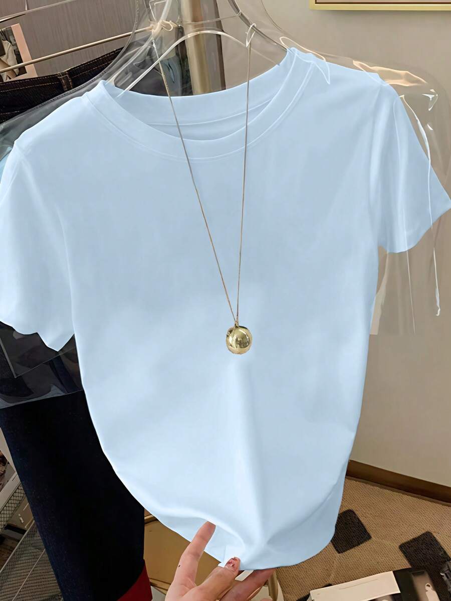 Franclia Áo thun cổ tròn tay ngắn cho nữ, tối giản và thời trang, phù hợp cho mùa hè - Màu xanh lam - Xem 1