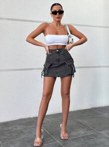 EURMUSE Flap Pocket Buckle Detail Denim Skirt - Black - View 4