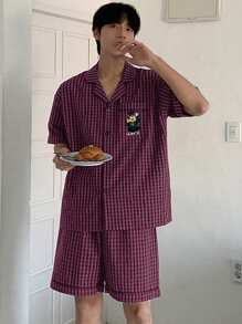 DAZY Summer Bear Pattern Embroidered Plaid Shirt And Shorts Set Men Pajamas - Red Violet - View 3