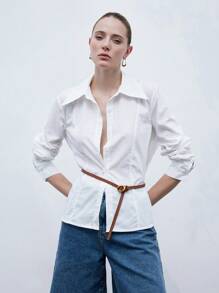 SHEIN Privé New Fashionable Minimalist High-End Design Solid Color Chiffon Ruched Back Women Long Sleeve Blouse Fall Cloth For Women - White - View 4