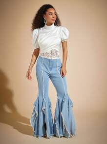 Vixey 2 Pcs Puff Sleeve Satin Top With Lace Cami Top Set, Office Casual, Boho, Old Money - White - View 2