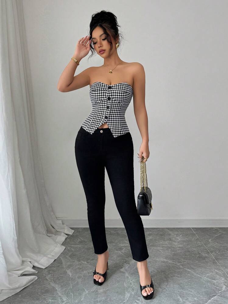 Elenzga 夏季时尚办公室/通勤千鸟格印花无袖纽扣前短款上衣 - 彩色 - 查看 5