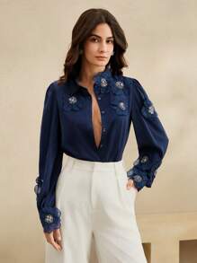 Anewsta Elegant 3D Floral Decoration Long Sleeve Shirt, Spring Autumn New Arrival - Navy Blue - View 4