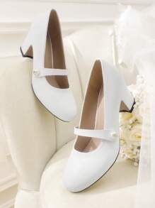 CUCCOO HITCHD Round Toe Pearl Embellished Chunky High Heel Women's Pumps